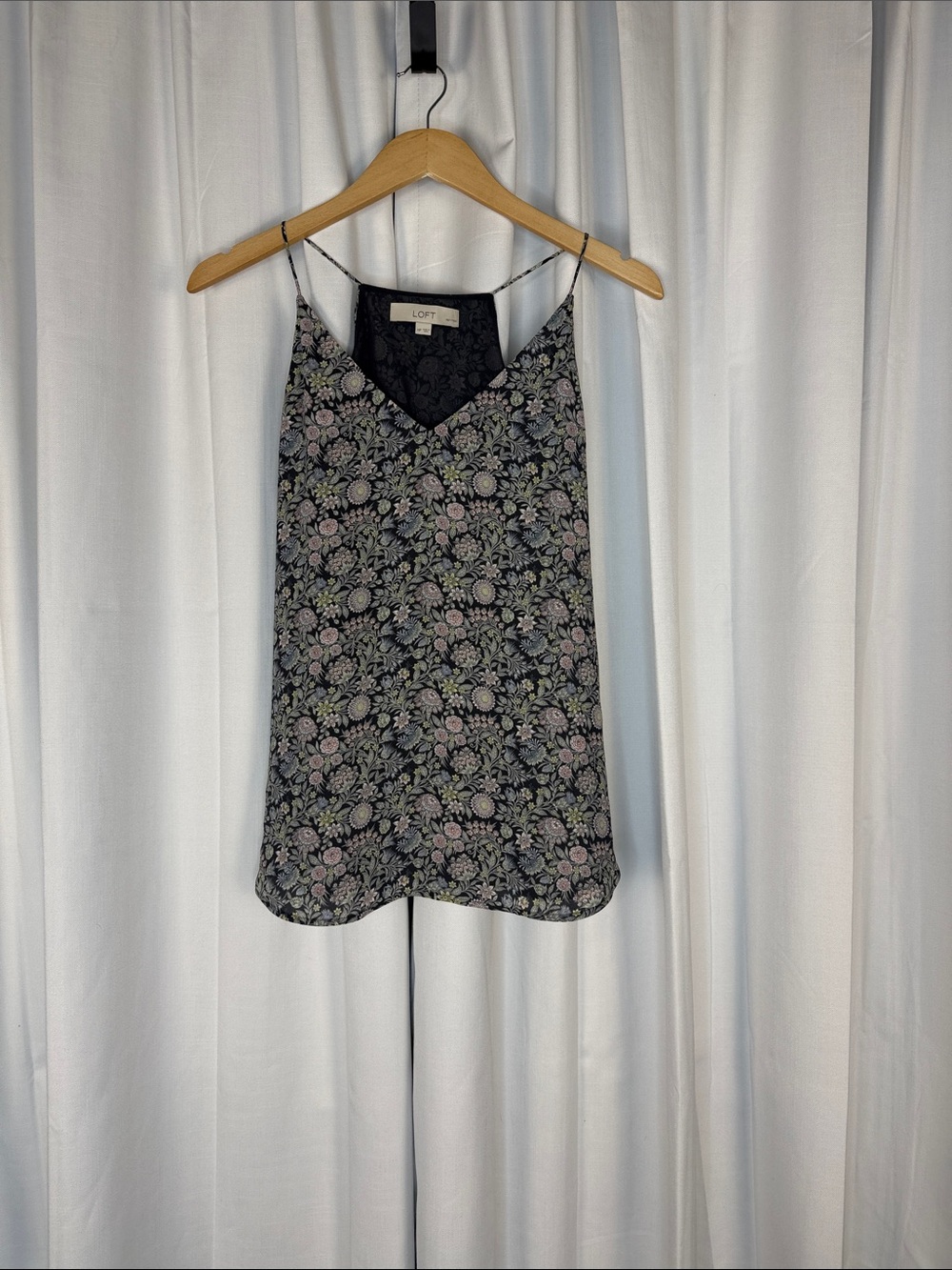 LOFT Black Floral Lace-Detail Camisole with Pink & Green Accents